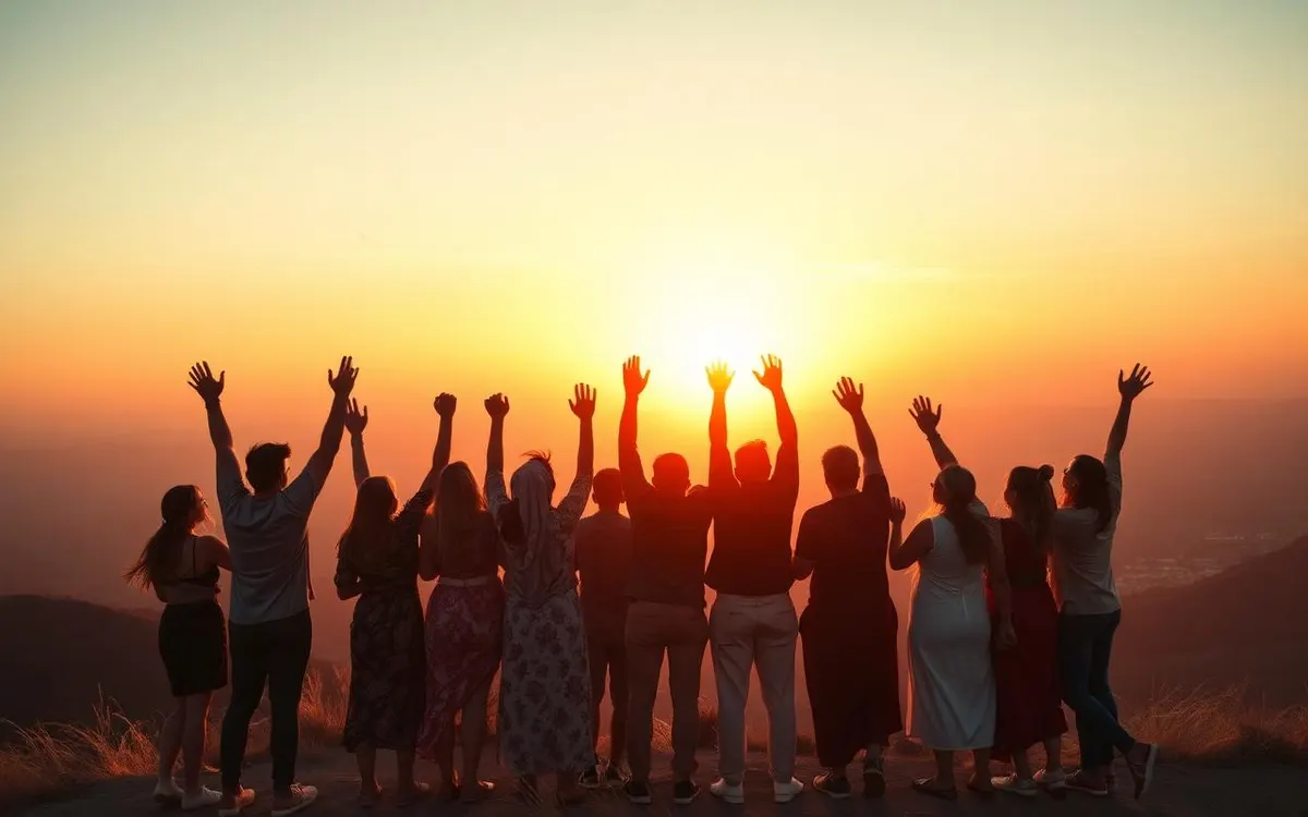 A joyful multicultural group with arms raised on a hilltop at sunset — a symbol of triumph, hope, and shared celebration
